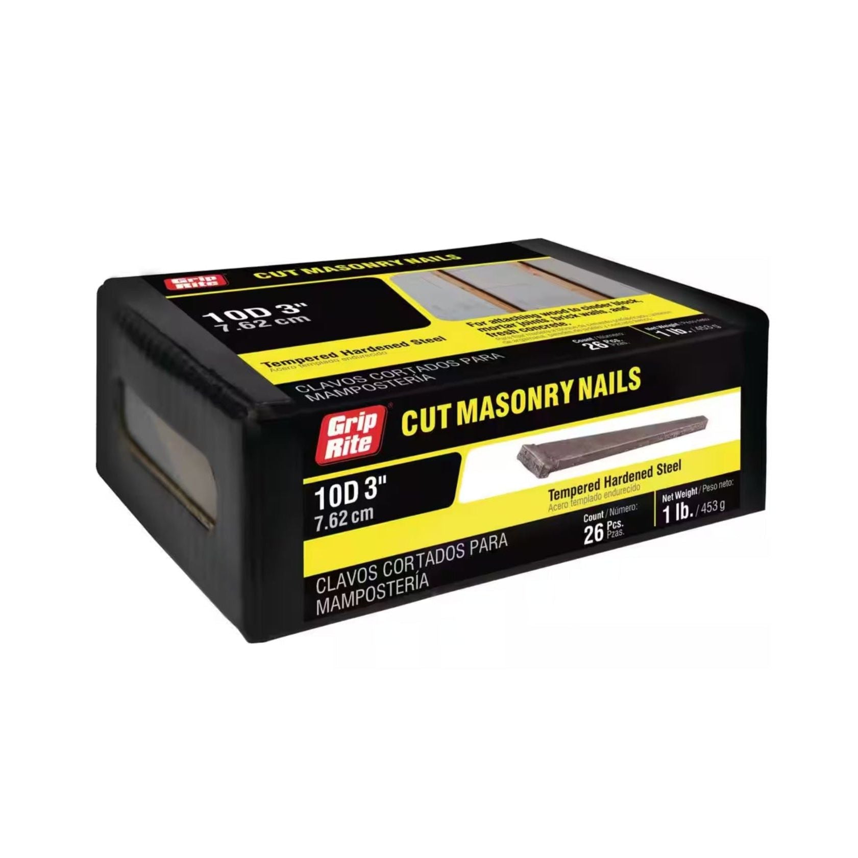 The GRIP-RITE 10CUTMAS1 pack includes 26 tempered hardened steel cut masonry nails, each 3 inches long. Designed by Grip-Rite, theyre perfect for attaching wood to concrete or for hardwood flooring projects.